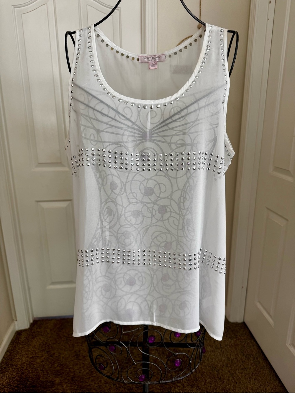 Vintage Romeo & Juliet Couture White Studded Tank Top with Silver Accents